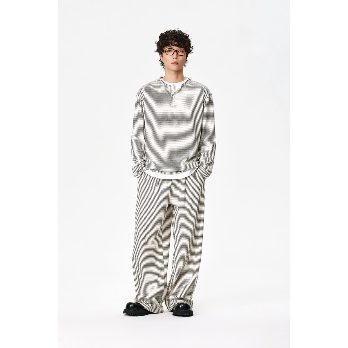Unisex Striped Henley Long Sleeve Shirt in Oversize Relaxed Fit with Button Placket Chichicherry
