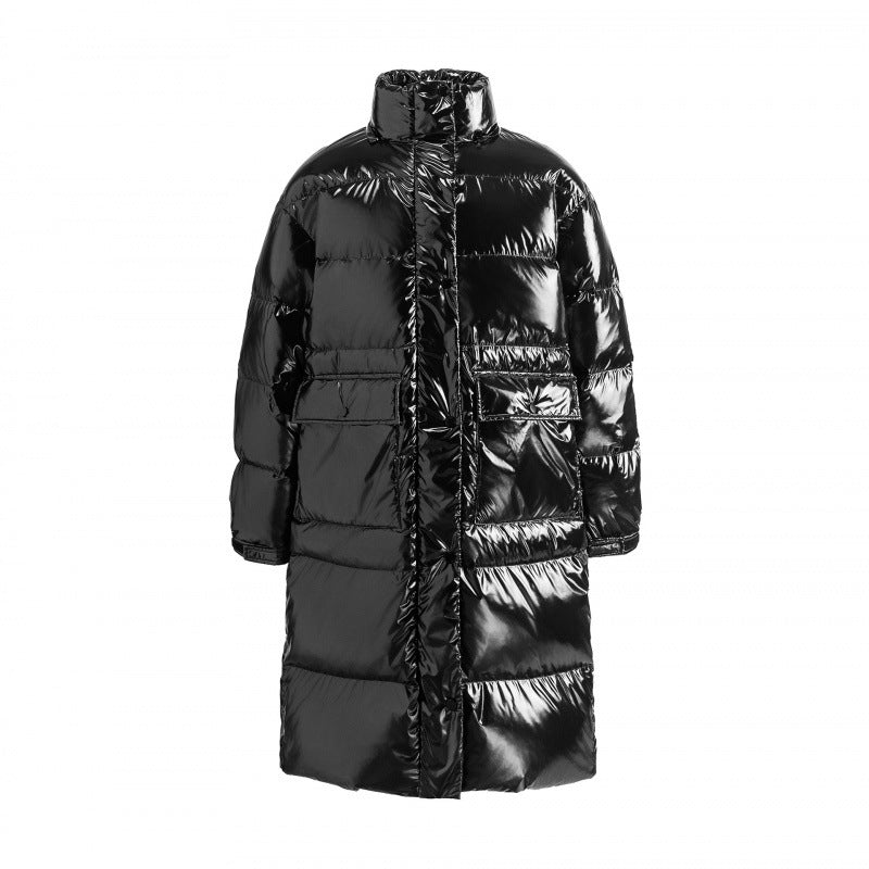 Women's longer shiny quilted puffer coat with hood, utility pockets and oversized silhouette Chichicherry