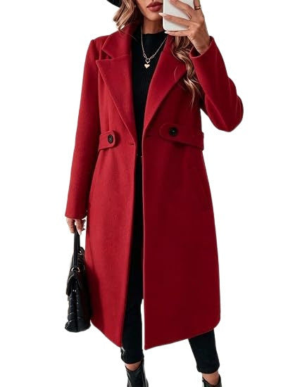 Women's mid-length wool blend coat with waist flap and classic lapel Chichicherry