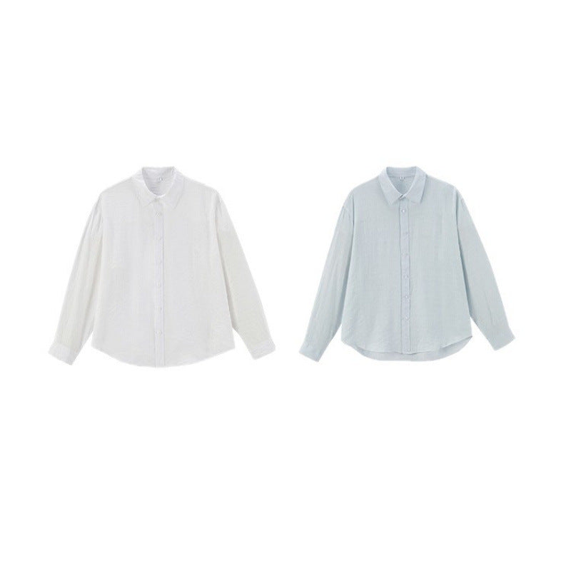 Women's Loose Textured Linen-Cotton Shirt with Kent Collar and Rounded Hem Chichicherry