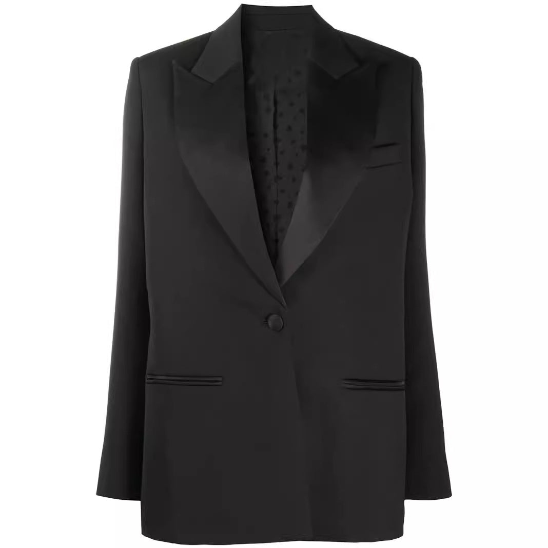 Women’s Oversized Single-Breasted Long Blazer with Satin Shawl Collar and Clean Tailoring Chichicherry