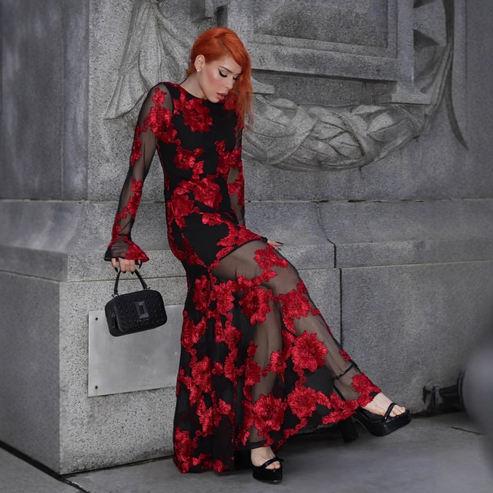 Women’s maxi dress with transparent mesh and floral embroidery Chichicherry