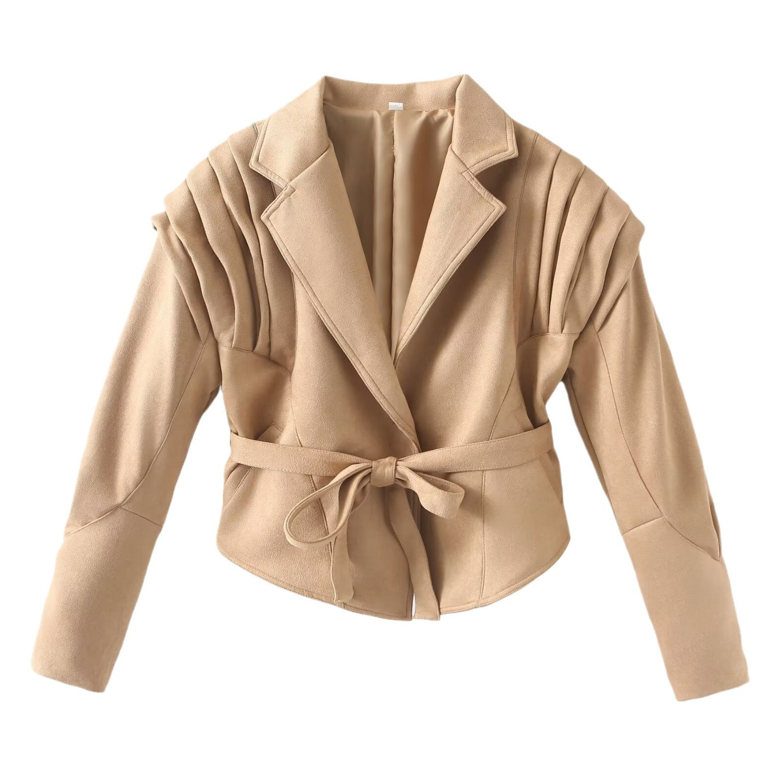 Women's Tailored Wrap Jacket in Suede Look with Shoulder Pleats and Tie Belt Chichicherry