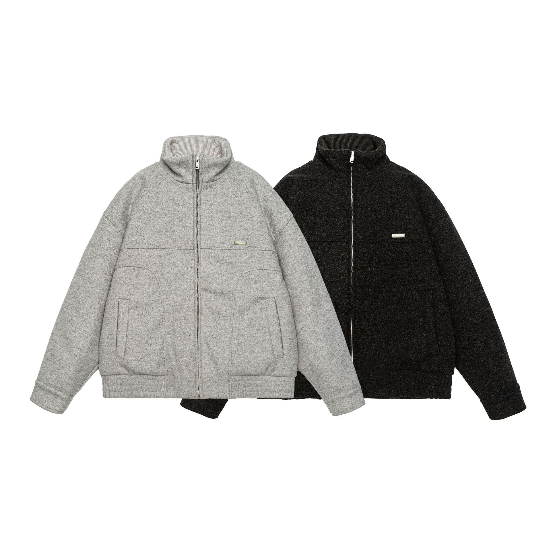 Men's short-cut boxy wool fleece jacket with high stand-up collar and full-length zipper Chichicherry