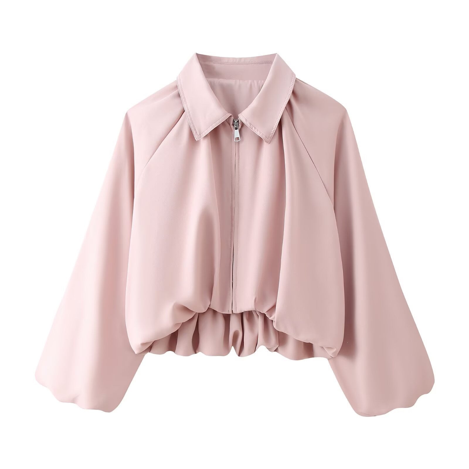 Women's Cropped Bomber Jacket with Shirt Collar, Zipper and Gathered Hem Chichicherry