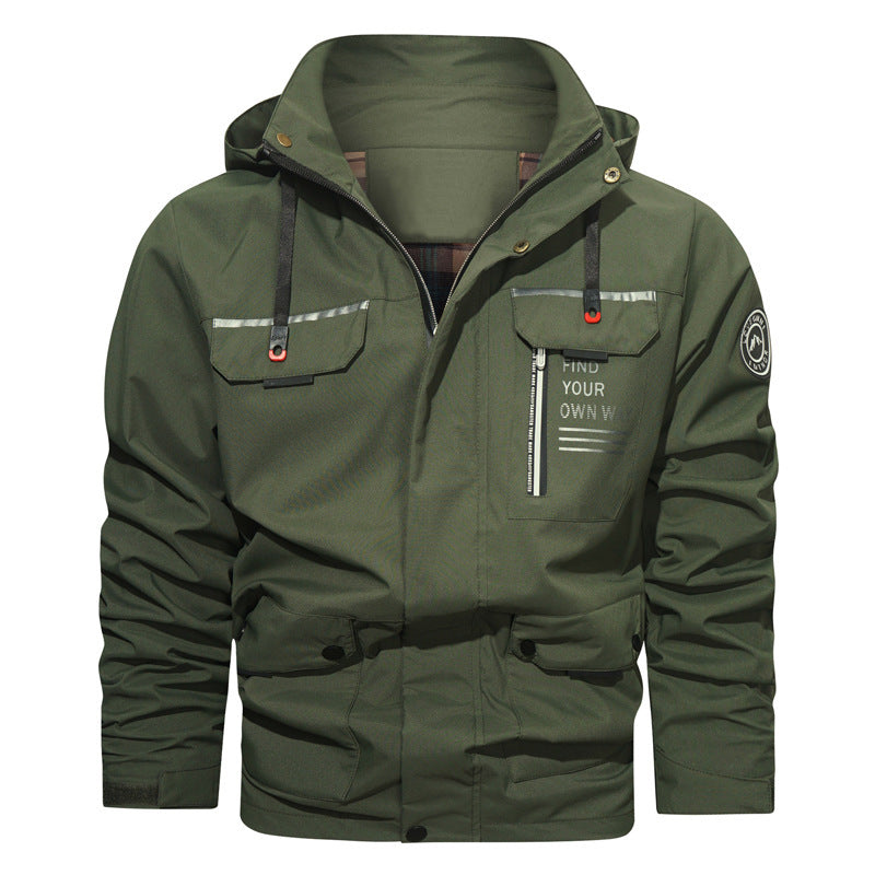 Men's utility-style hooded jacket with chest zip, multiple pockets, and statement print Chichicherry