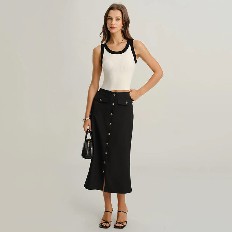 Women's High-Waisted Midi Skirt with Continuous Button Placket, Patch Pockets and Front Slit Chichicherry
