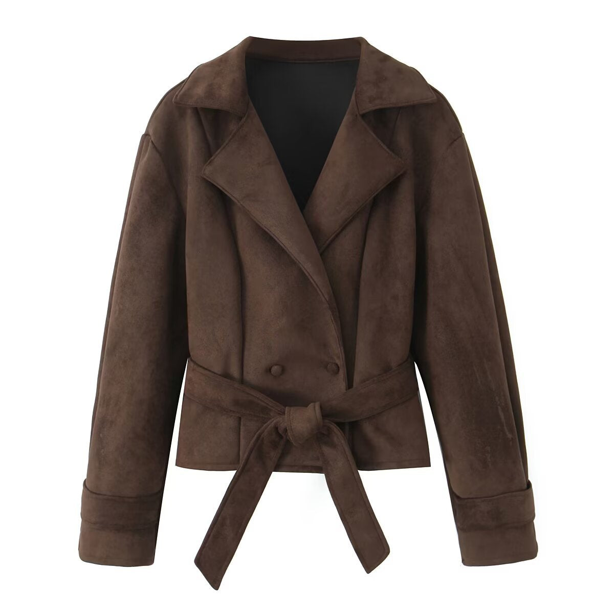 Women's Short Suede Look Jacket with Waist Belt and Lapel Collar Chichicherry