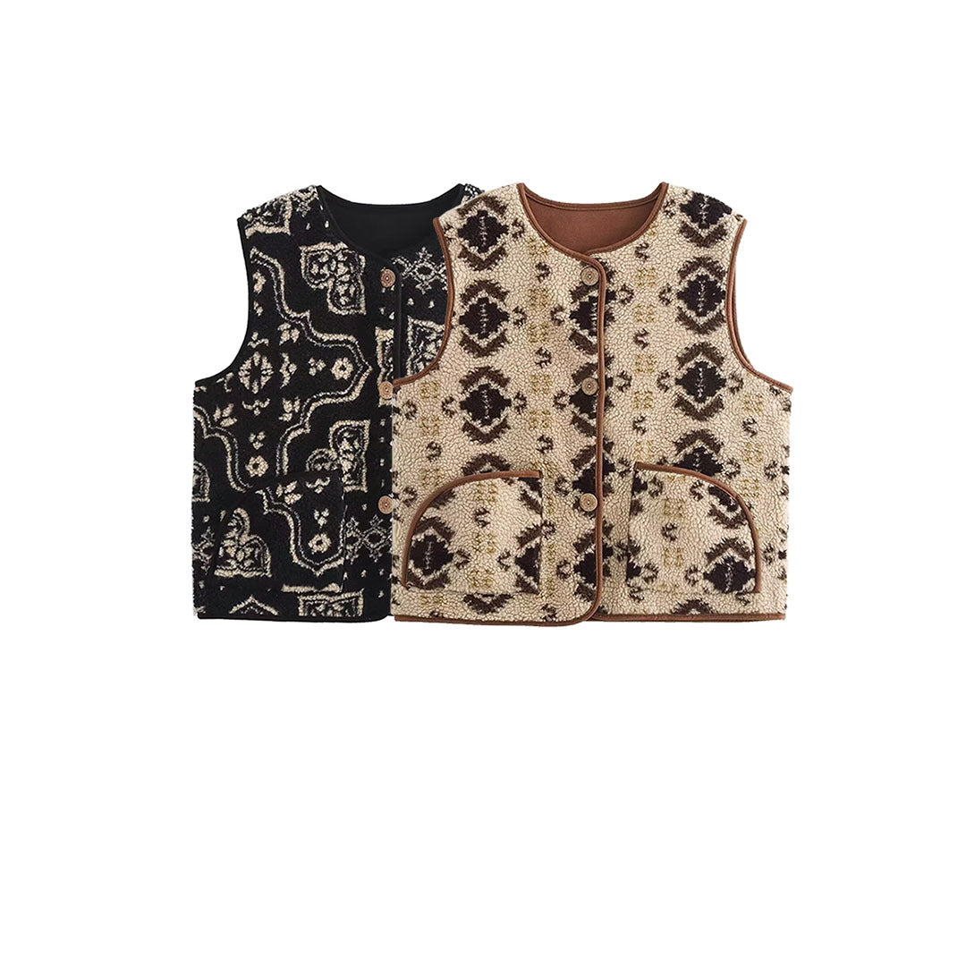 Women's patterned teddy vest in bouclé look with patch pockets Chichicherry