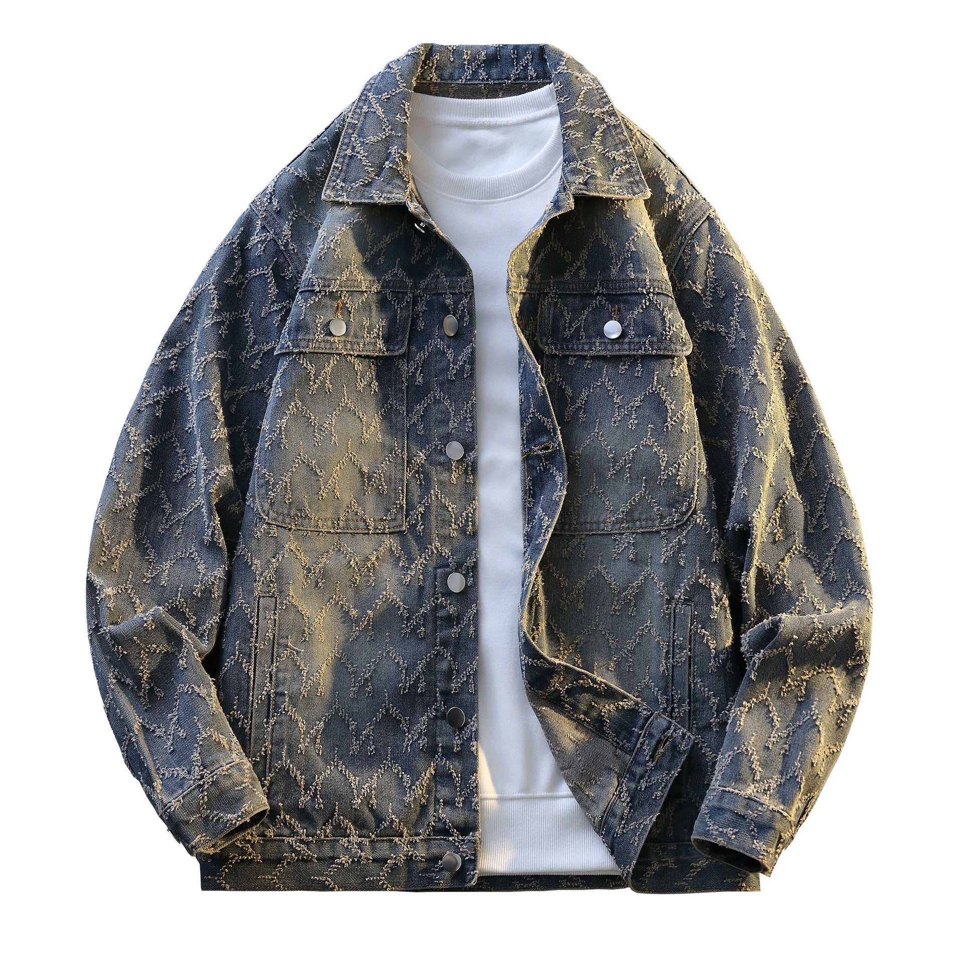 Men's Oversize Denim Jacket with Quilted Allover Pattern and Chest Pockets Chichicherry