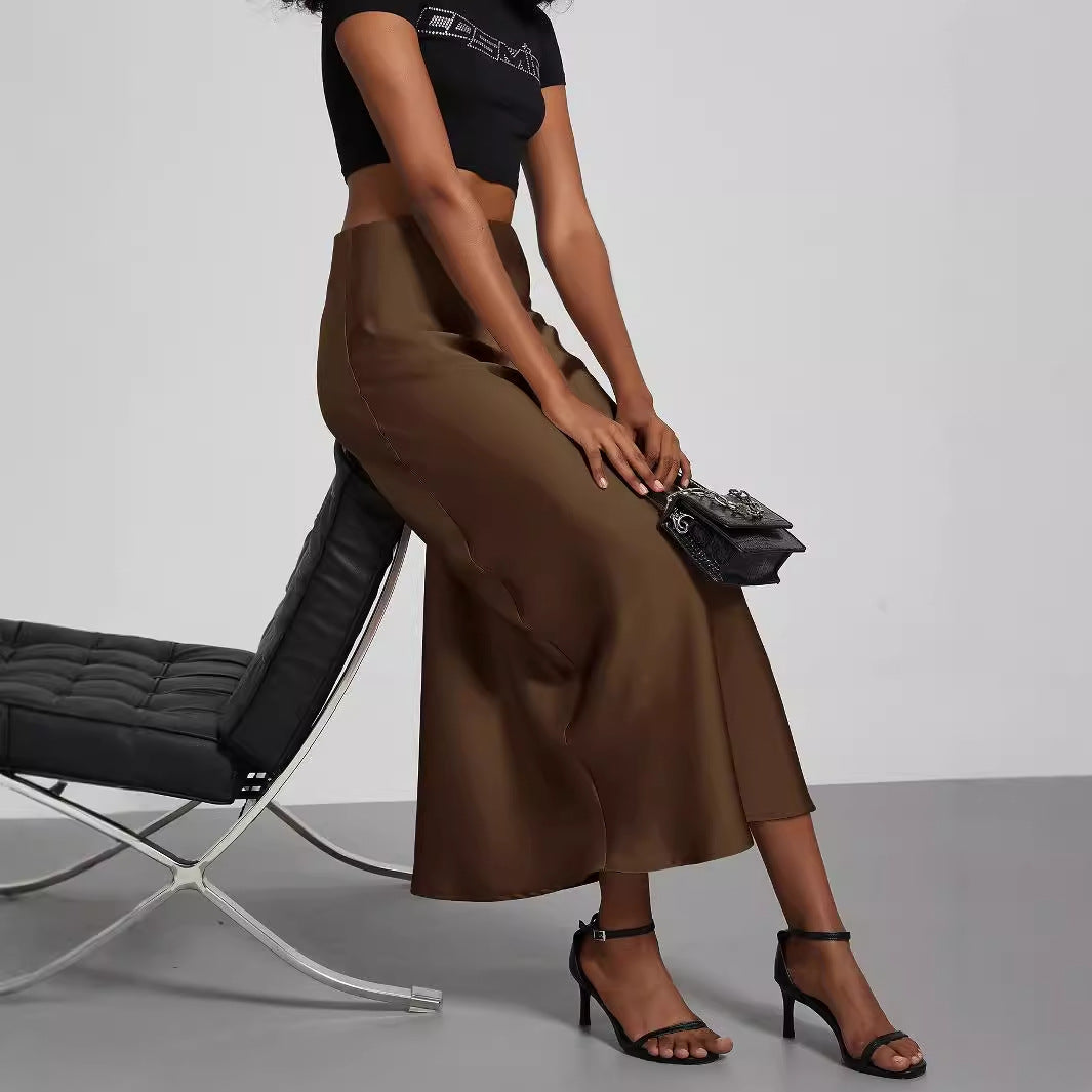 Ladies Satin Midi Skirt with High Waist and Asymmetrical Cut Chichicherry