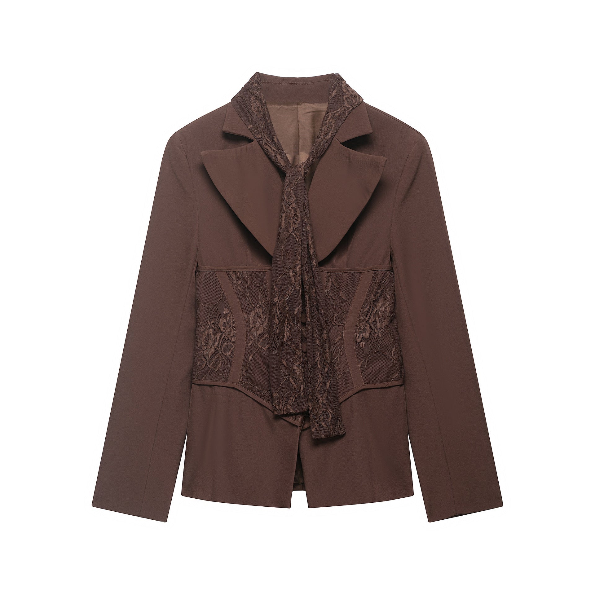 Women Tailored Blazer with Lace Inserts and Integrated Lace Scarf Chichicherry