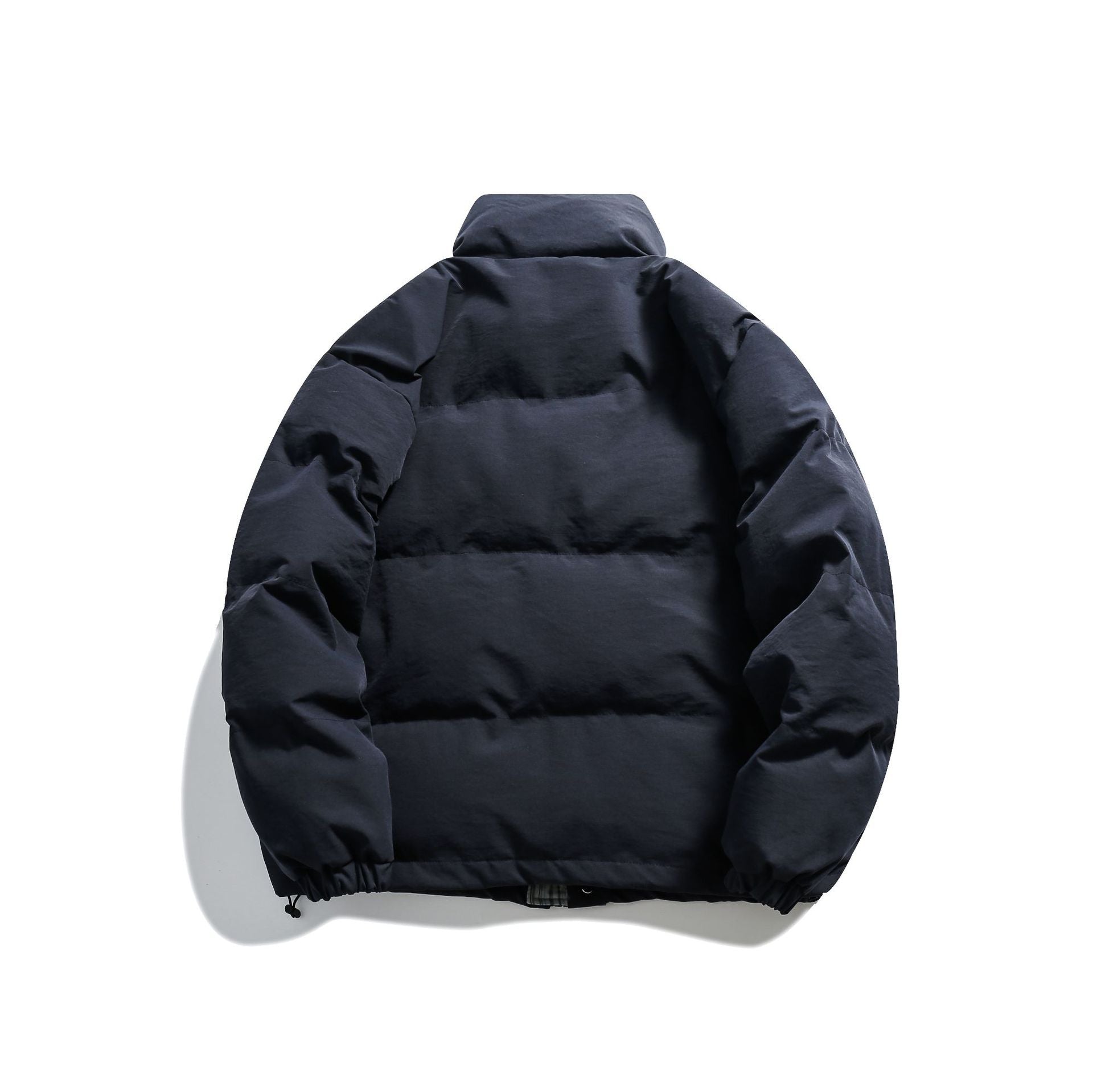 Unisex Short Cut Padded Puffer Jacket with High Stand-Up Collar and Striped Pocket Flaps Chichicherry
