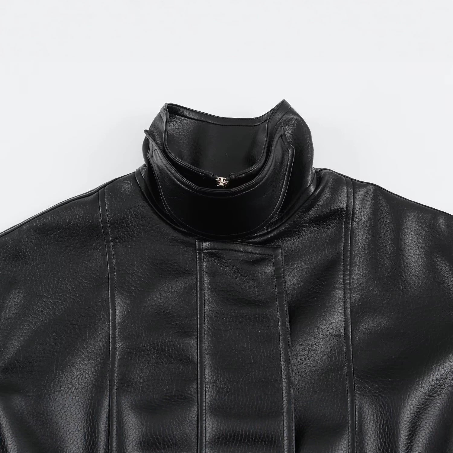 Women's Oversized Faux Leather Jacket with High Funnel Collar and Patch Pockets Chichicherry