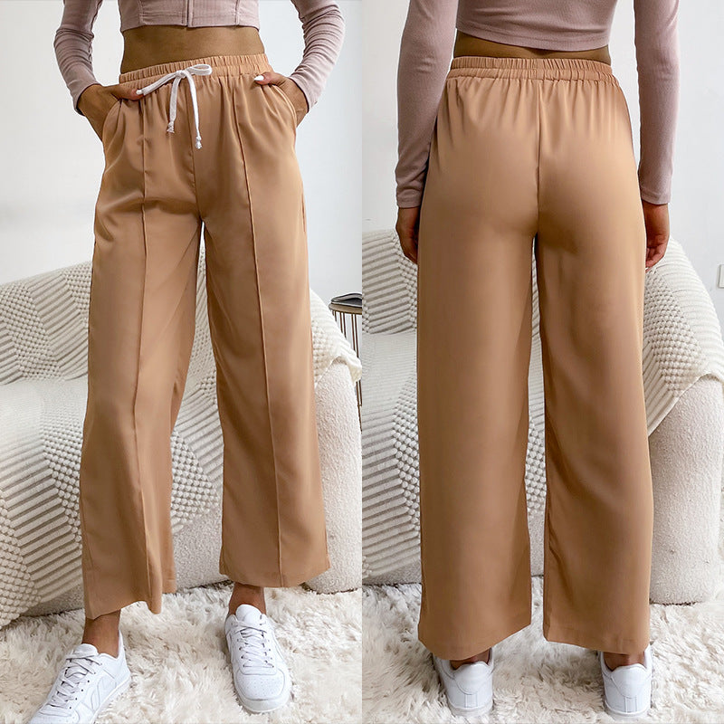 Women's Wide High-Waist Trousers with Elastic Waistband, Drawstring, and Crease Chichicherry