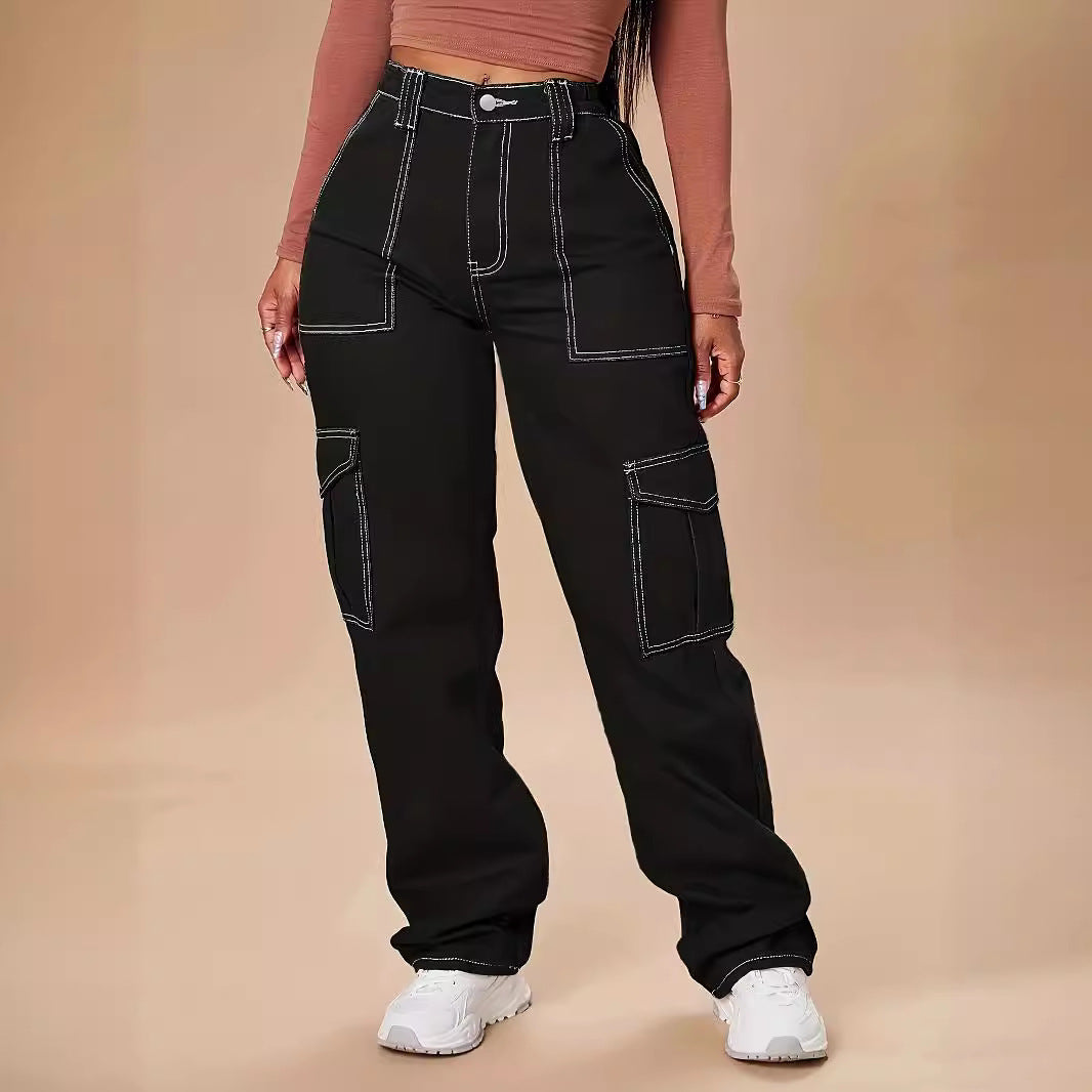 Women's utility cargo pants with wide leg, high waist and contrasting decorative seams Chichicherry