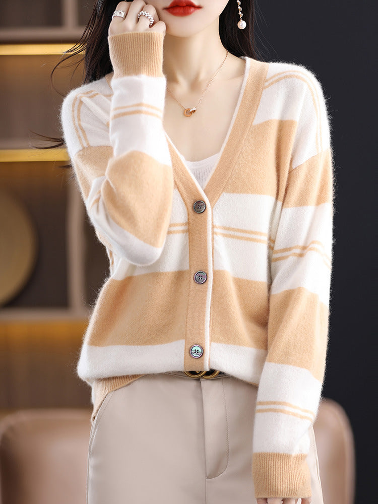 Women’s Mid-Length Fine Knit Cardigan with Wide Block Stripes, V-Neck and Ribbed Cuffs Chichicherry