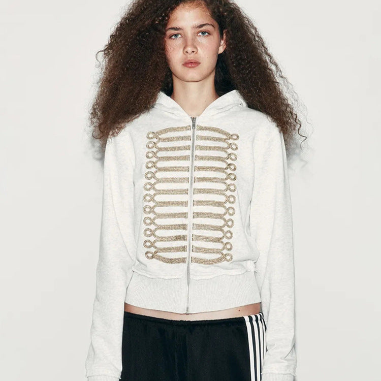 Women's cropped hoodie sweatshirt with gold parade ribbon embroidery Chichicherry