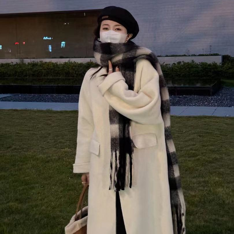 Women's Oversize Wool Blend Coat Knee-Length with Concealed Button Placket and Relaxed Shoulder Line Chichicherry