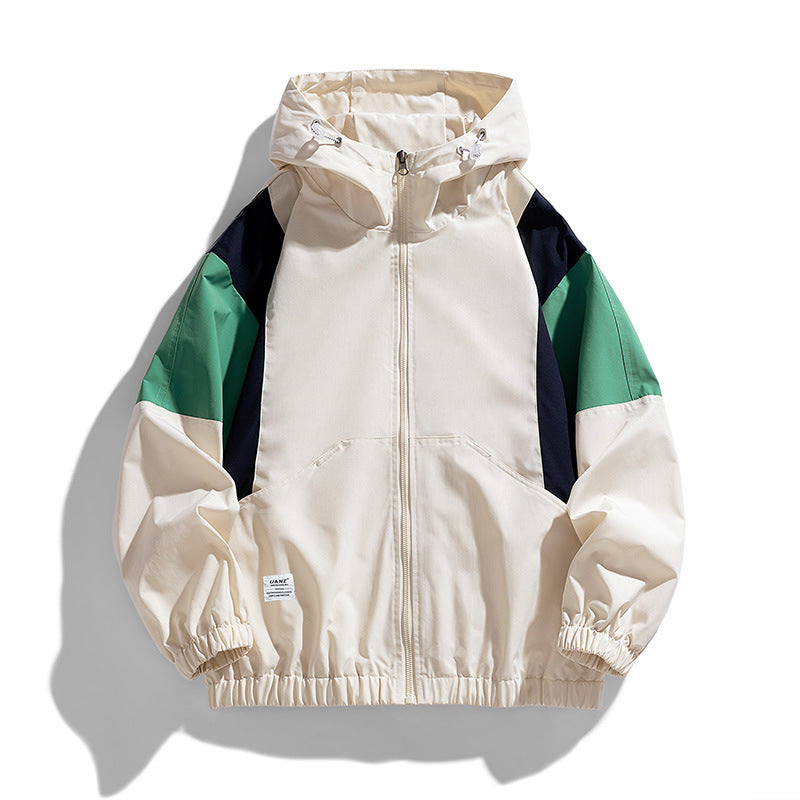 Men's lightweight color block windbreaker with hood, kangaroo pocket, and elastic hem Chichicherry
