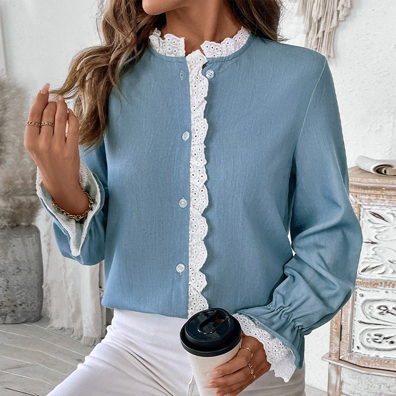 Women's Loose-Fitting Viscose Blouse with Lace Trim and Stand-Up Collar Chichicherry