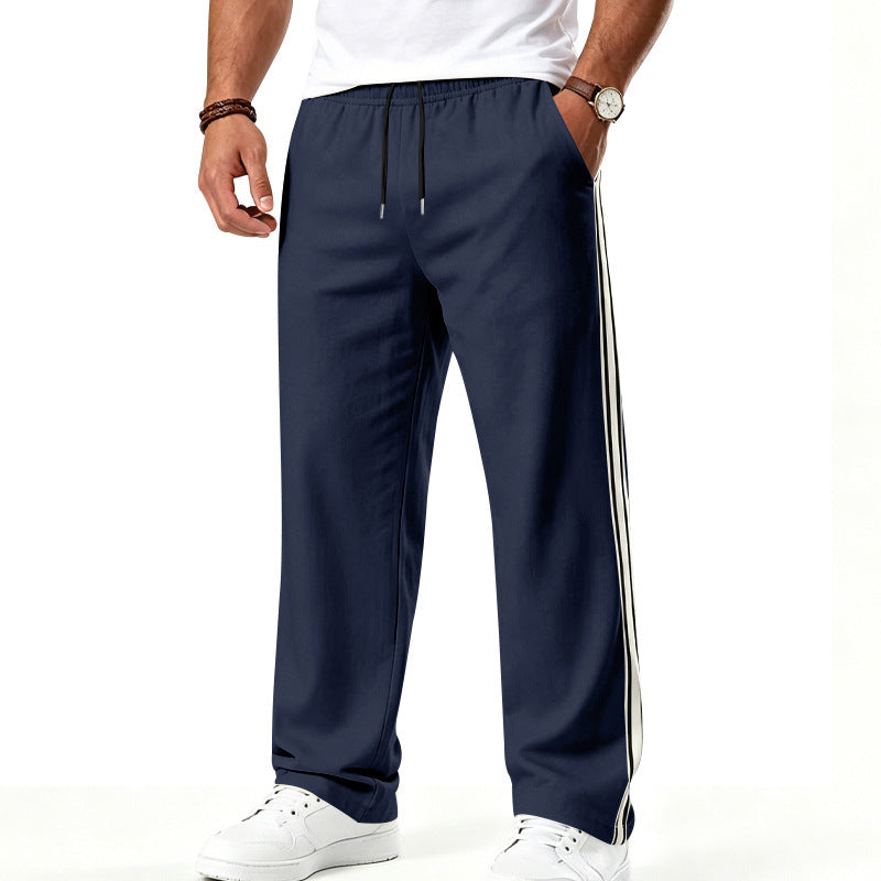 Men's Wide Leisure Pants made of Functional Jersey with Elastic Waistband and Side Double Stripe Chichicherry