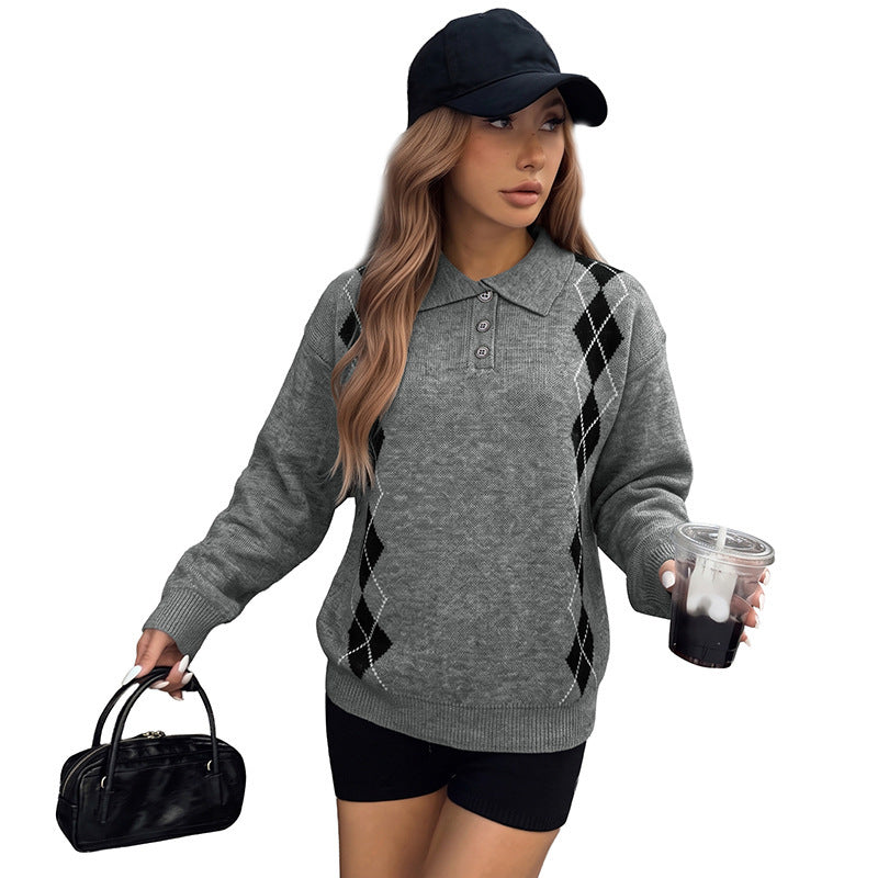 Women's Casual Argyle Polo Knit Sweater with Polo Collar and Button Placket Chichicherry