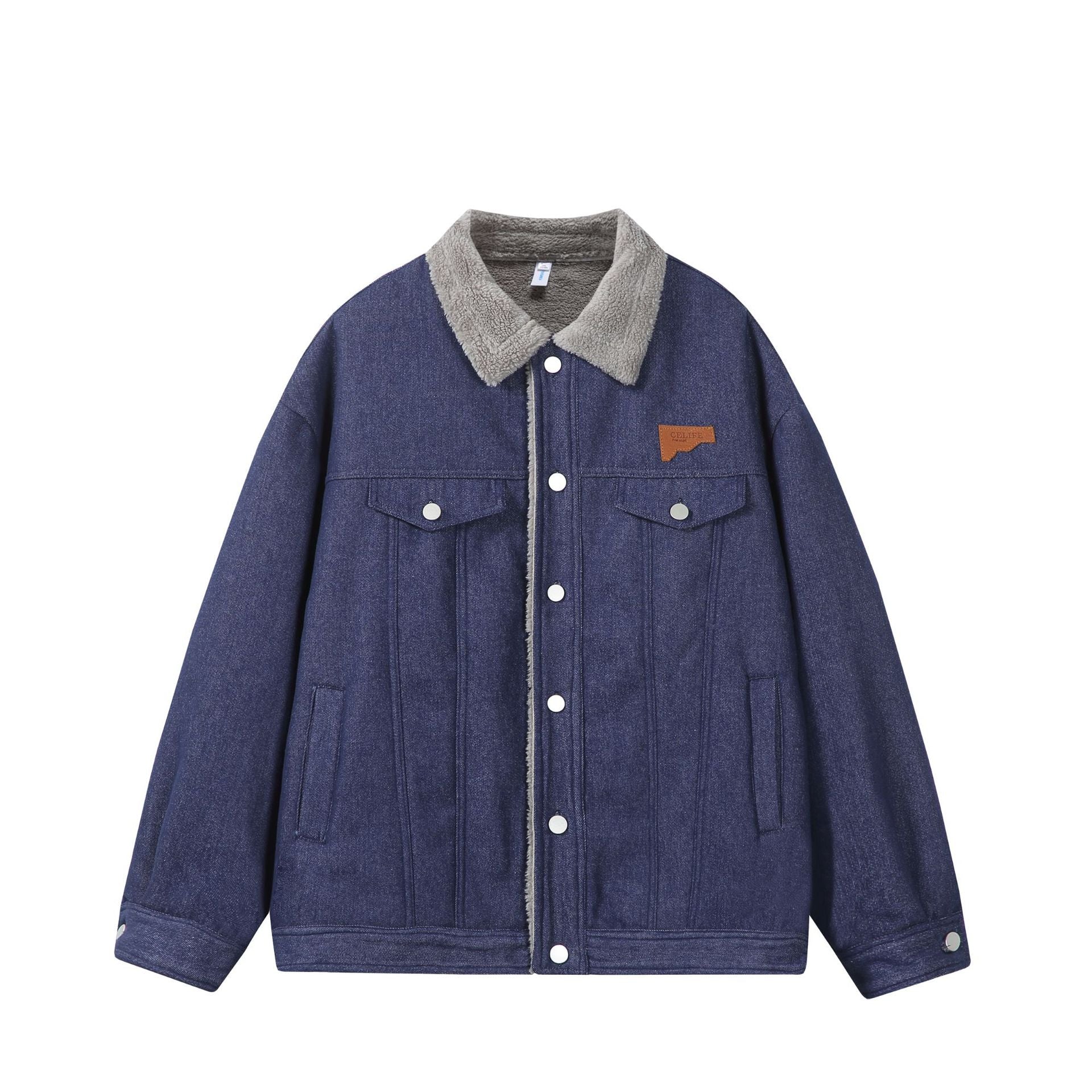 Men's Lined Denim Jacket with Teddy Collar, Snap Front and Utility Pockets Chichicherry