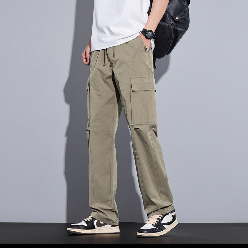 Men's Lightweight Cargo Casual Trousers with Drawstring, Multi-Pockets and Straight Cut Chichicherry