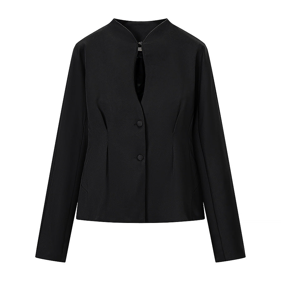 Women's Tailored Collarless Blazer Jacket with Concealed Button Placket and Figure-Hugging Darts Chichicherry