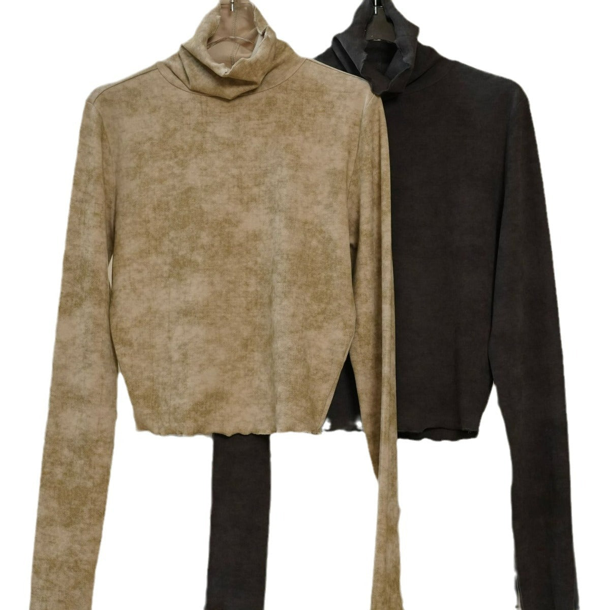 Women's Body-Hugging Long Sleeve Shirt with High Funnel Neck and Thumb Holes in Velvet Look Chichicherry