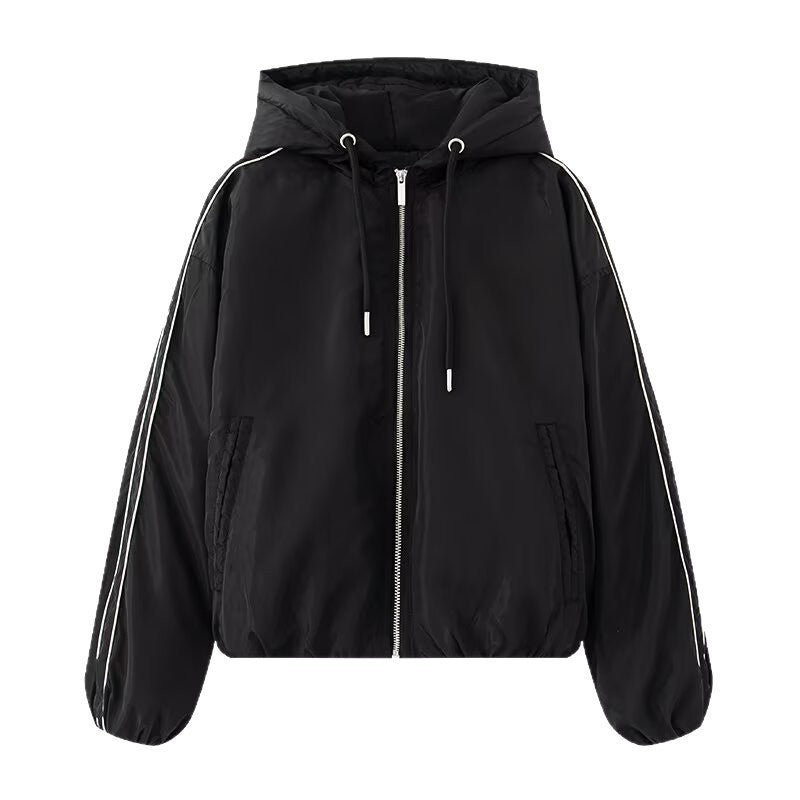 Women's oversized bomber-style hoodie jacket with drawstring, reflective piping, and elastic hem Chichicherry