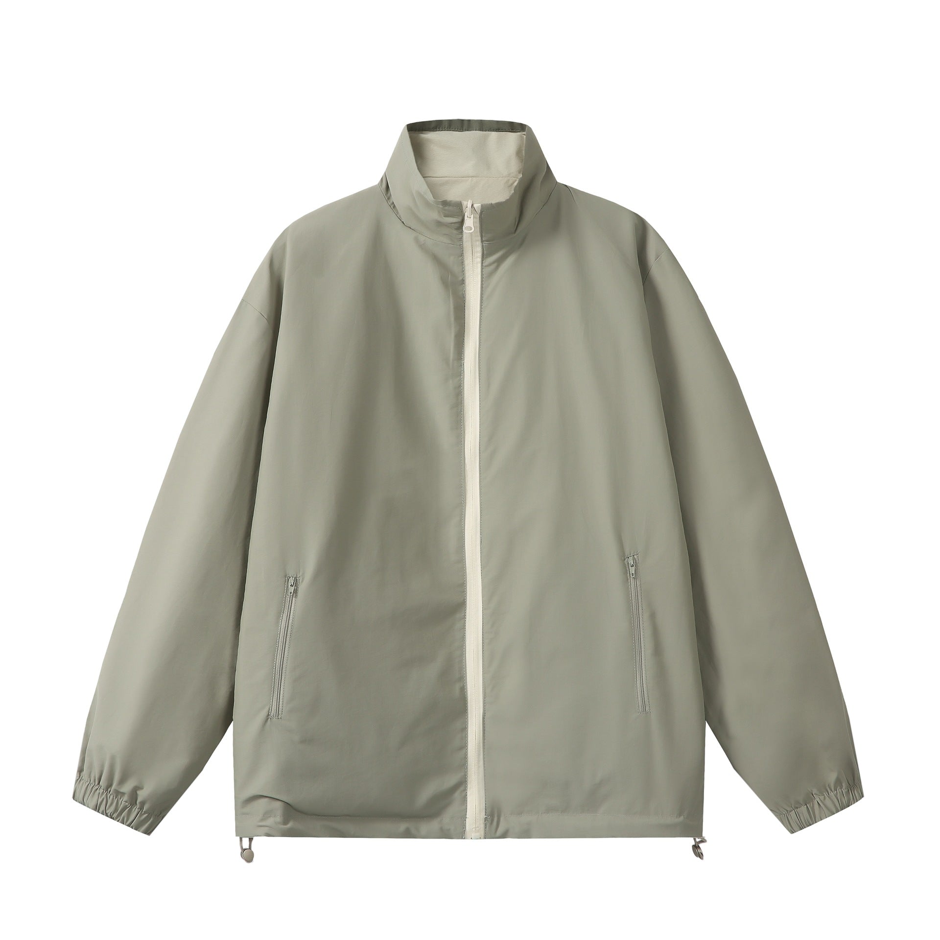 Unisex Lightweight Boxy Windbreaker with High Stand Collar and Drawstring Chichicherry