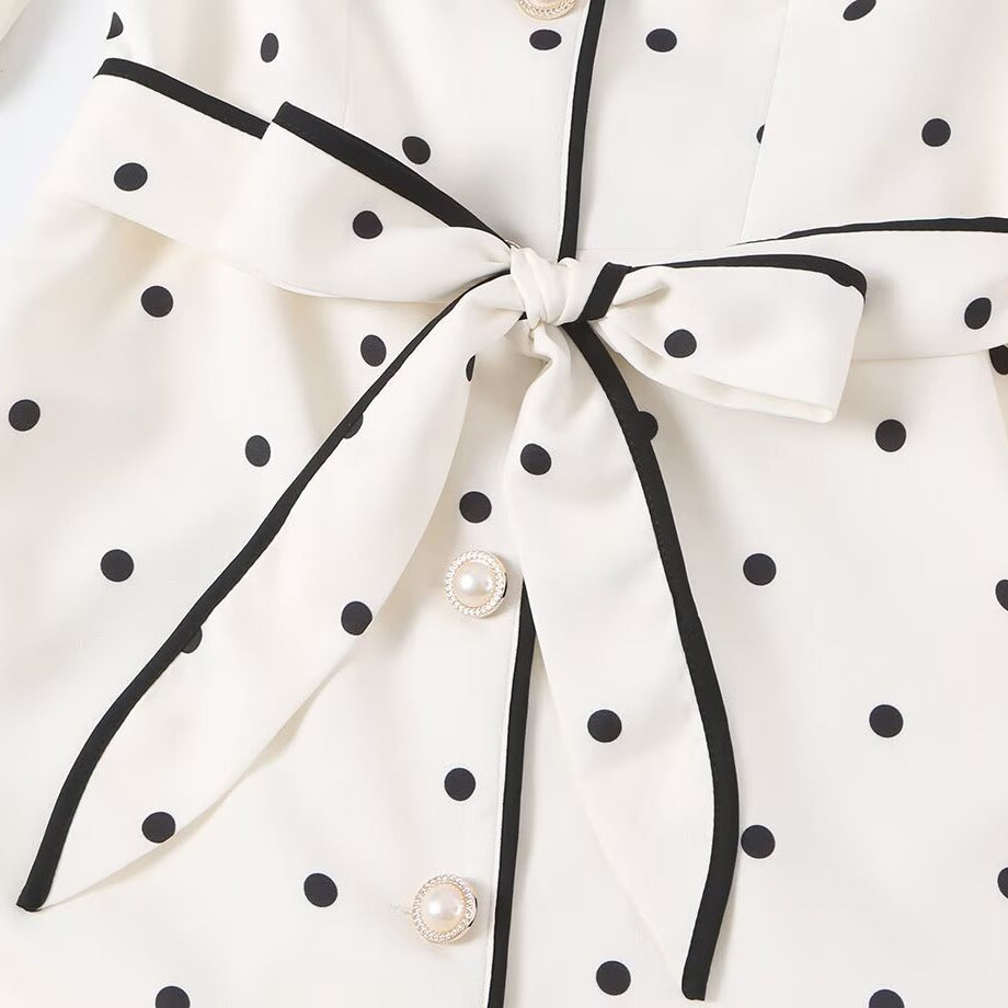 Women's midi shirt dress with polka dots, contrast piping, and waist belt Chichicherry