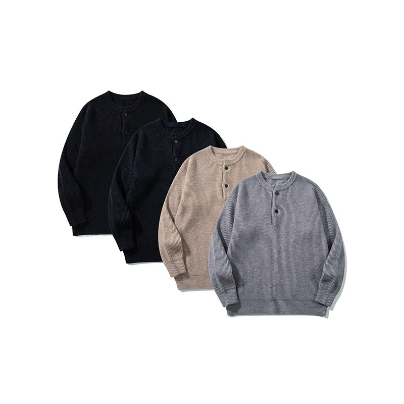 Men's chunky knit henley sweater with half button placket and ribbed cuffs Chichicherry