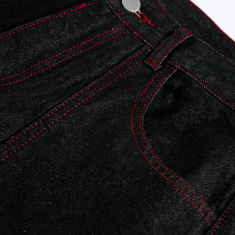 Women Wide High-Waist Denim Pants in Utility Look with Contrast Stitching Chichicherry