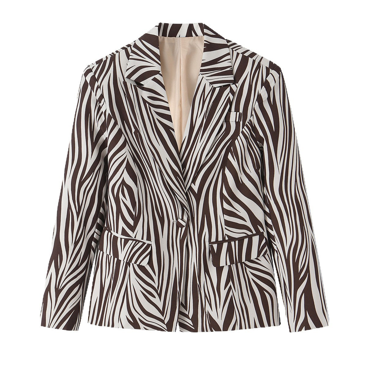 Women Tailored Zebra Print Blazer with Notched Lapel and Flap Pockets Chichicherry