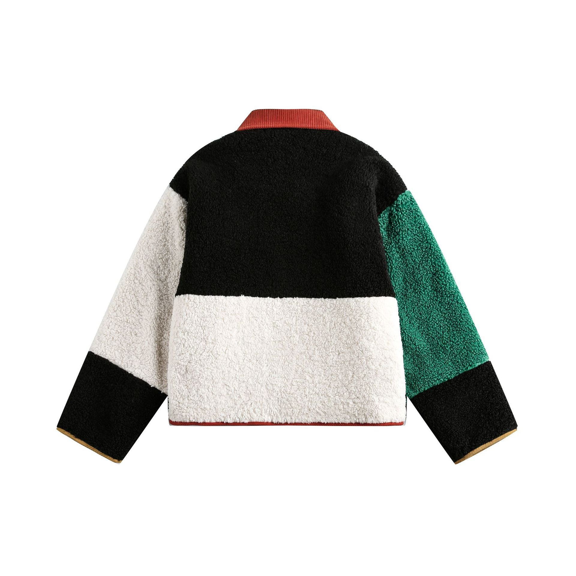 Unisex Boxy Patchwork Sherpa-Fleece Jacket with Cord Collar and Patch Pockets Chichicherry