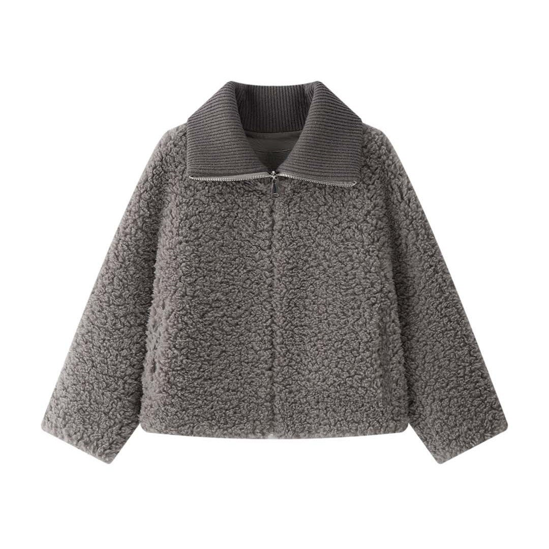 Women's teddy jacket with high ribbed collar and half-height zipper Chichicherry