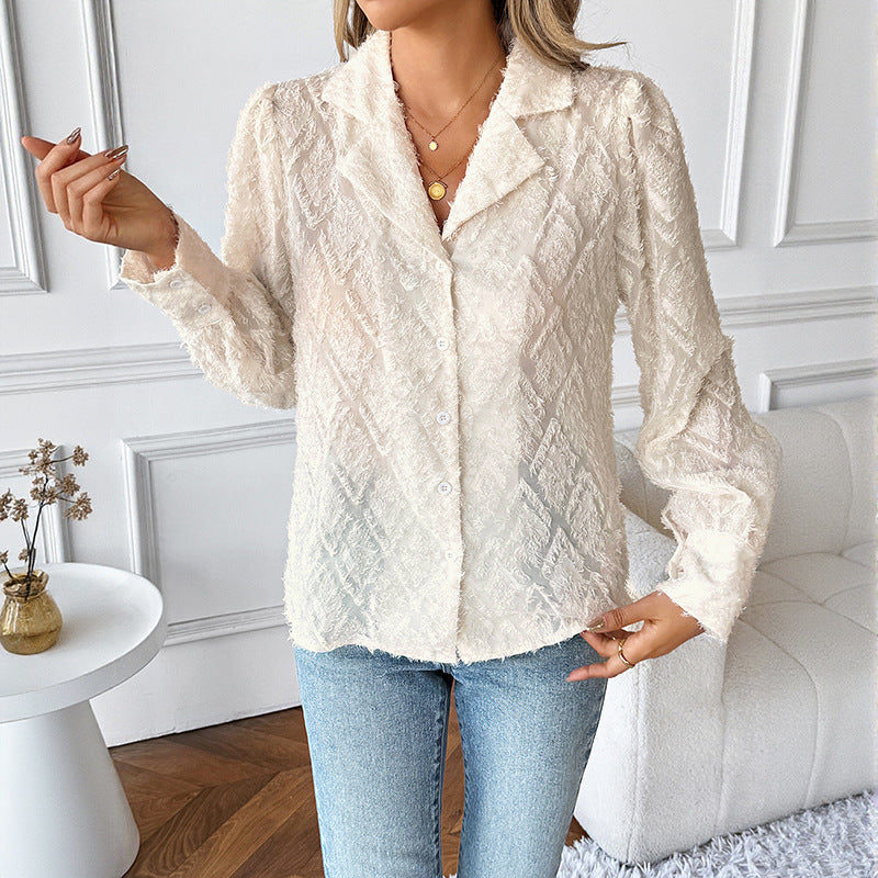 Women's Transparent Structured Blouse with Fringe Look, Shirt Collar and Full Button Placket Chichicherry