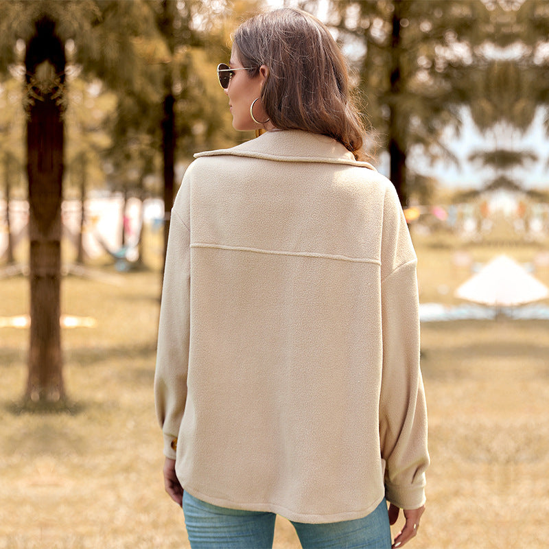 Women's Oversized Teddy Shacket with button placket, patch pockets, and soft lining Chichicherry