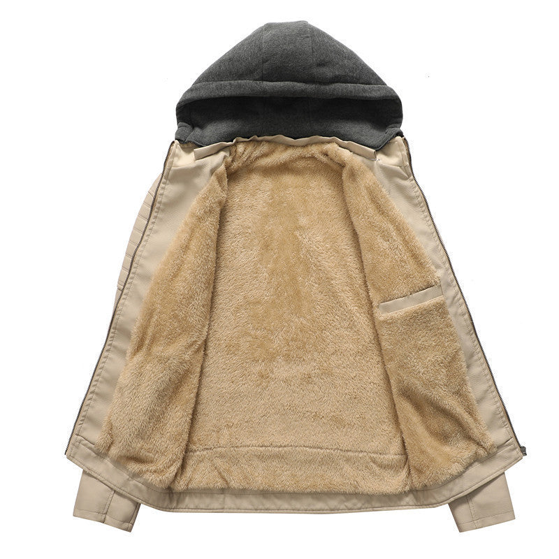 Men's Faux Leather Hoodie Blouson with Teddy Lining, Quilted Sleeve Yoke and Hood Layer Chichicherry