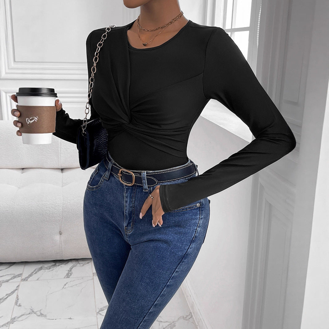 Women Figure-Hugging Long Sleeve Shirt with Twist Detail and Round Neckline Chichicherry