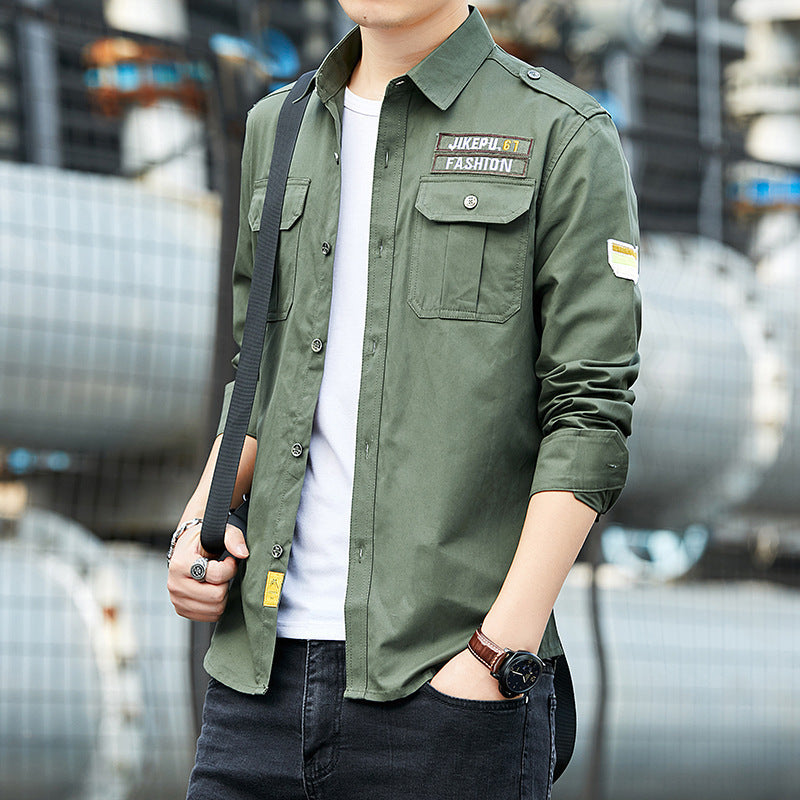 Men's overshirt in military utility style with shoulder epaulettes, chest flaps, and lightweight cotton blend Chichicherry