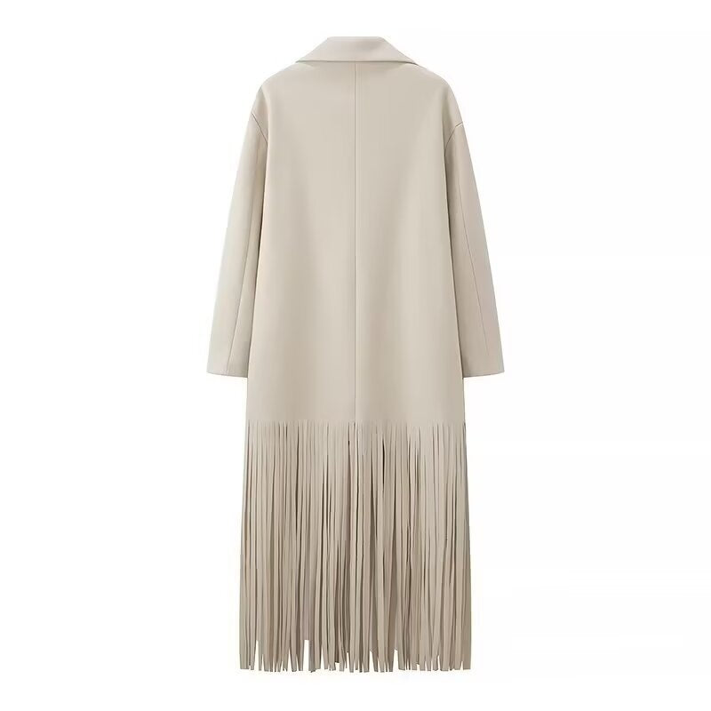 Women’s long coat with long fringe hem, boxy oversized silhouette, and lapel collar Chichicherry
