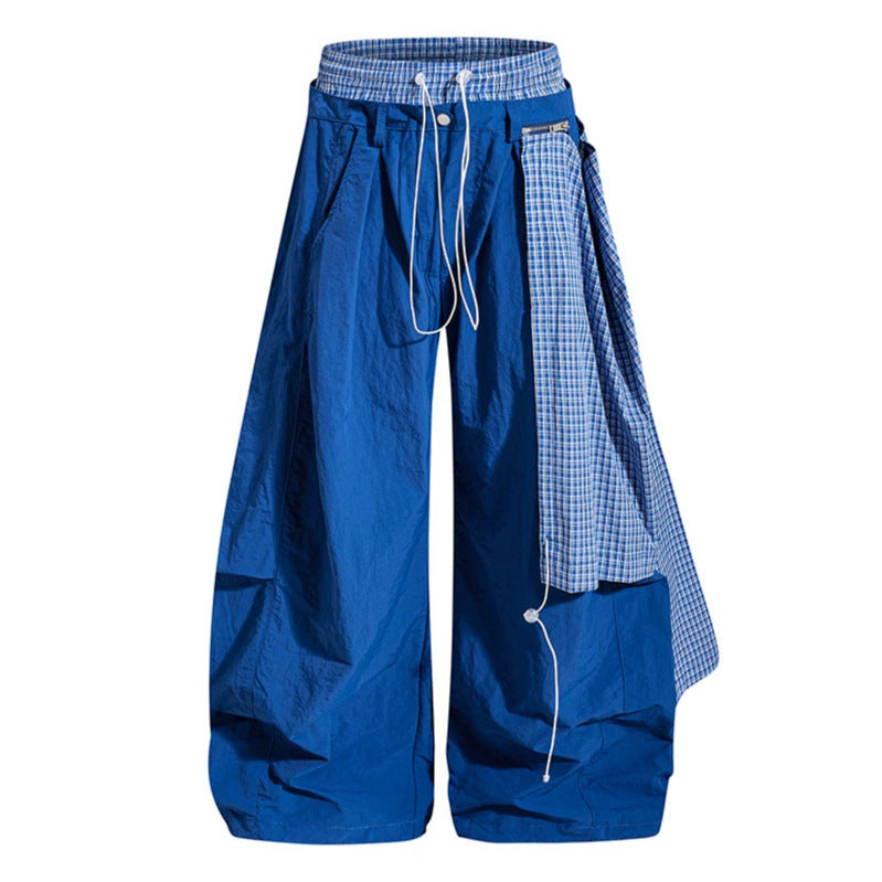 Women's wide baggy pants with asymmetrical check side panel and drawstring Chichicherry