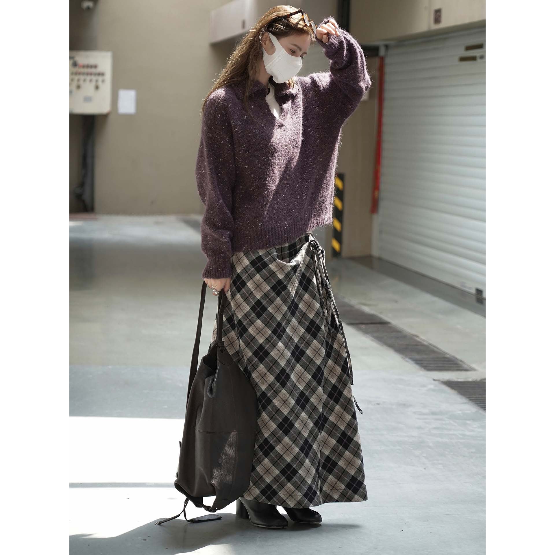 Women's Fluffy Mohair-Mix Sweater with Open Shirt Collar and Ribbed Hem