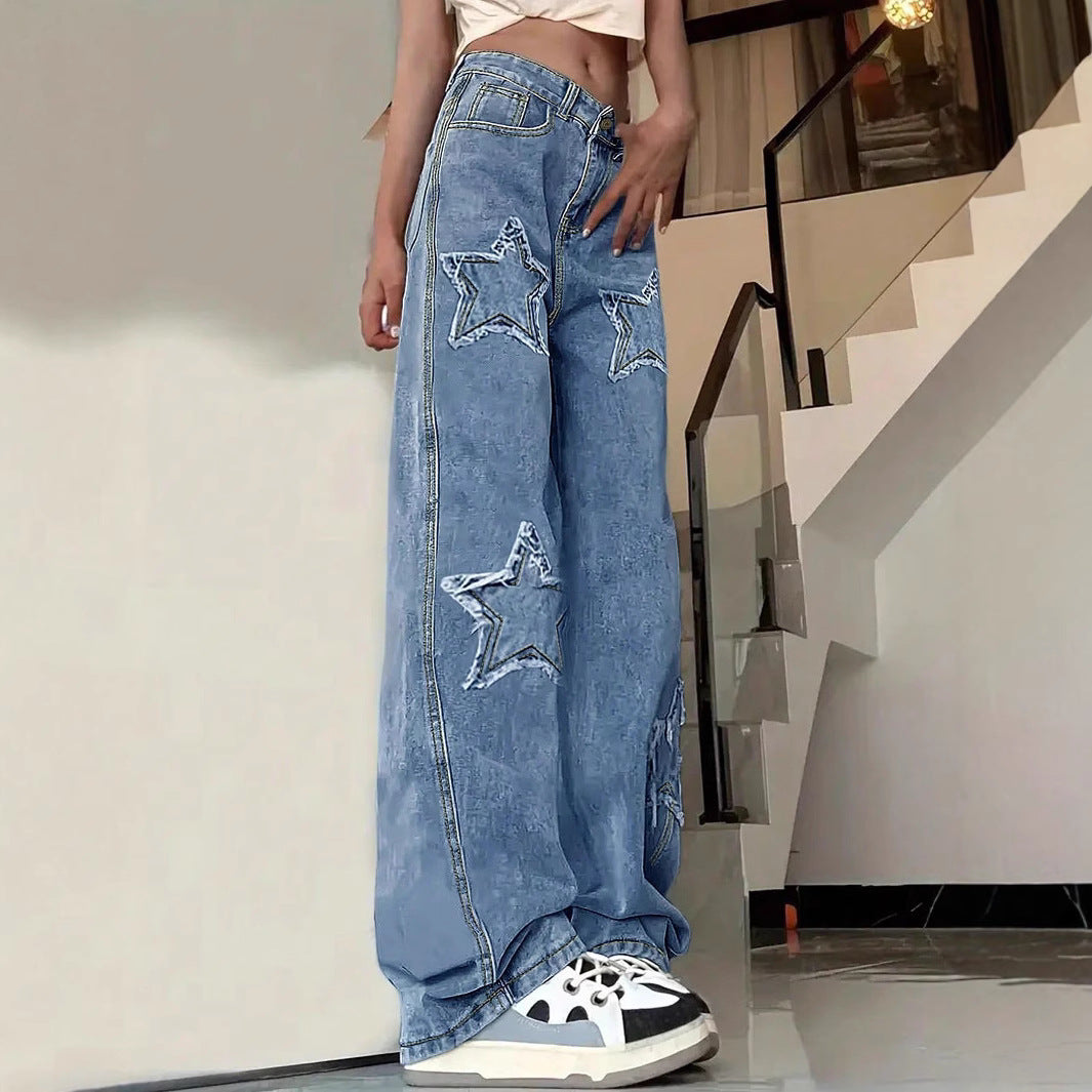 Women's extra-wide baggy jeans made of lightweight denim with star appliqués and extended silhouette Chichicherry