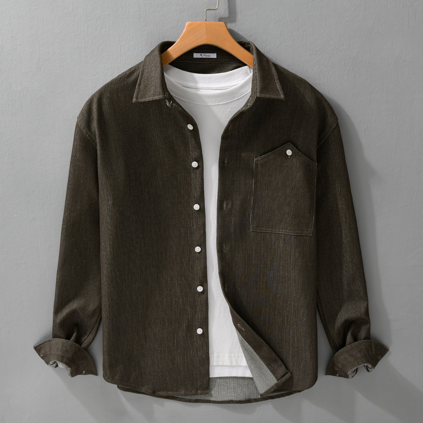 Men's denim overshirt in shirt jacket style with chest pocket and full button placket Chichicherry