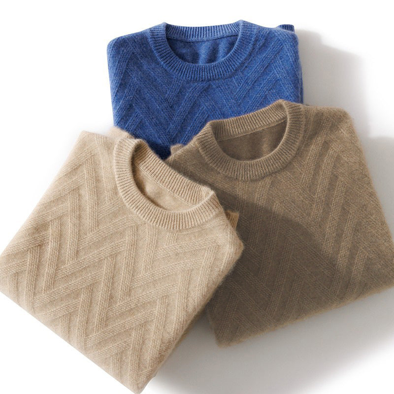 Men's Fine Crew Neck Sweater made of Cashmere Blend with Chevron Structure Chichicherry